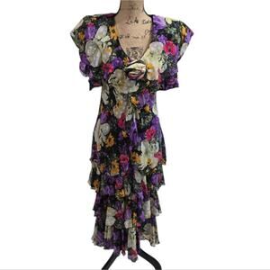 Vintage Justin David Flapper Style Size 10 1980s Chiffon Floral 80s Dress